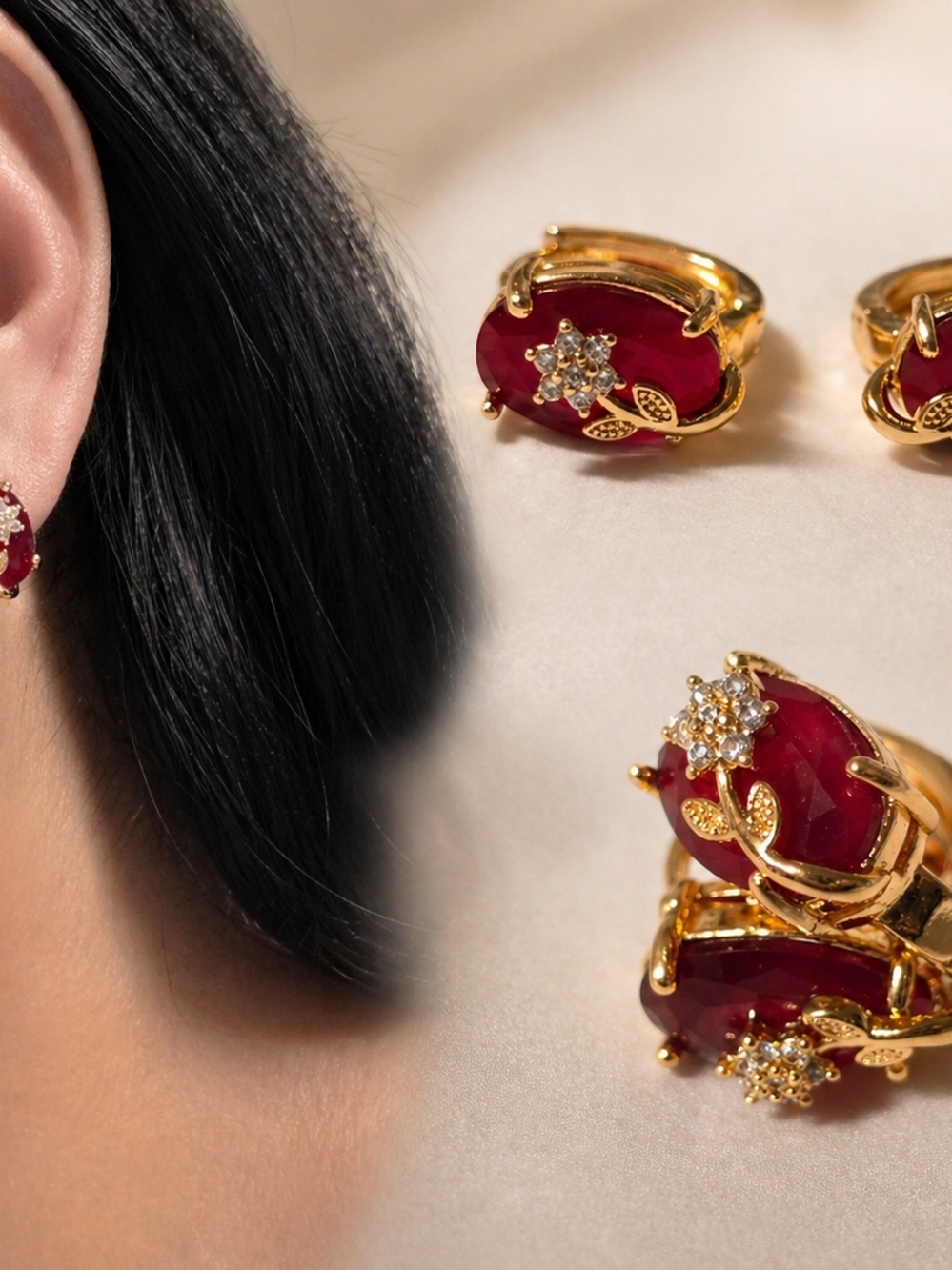 Gold Filled Red Stone Floral Stud Earrings - Women Jewelry